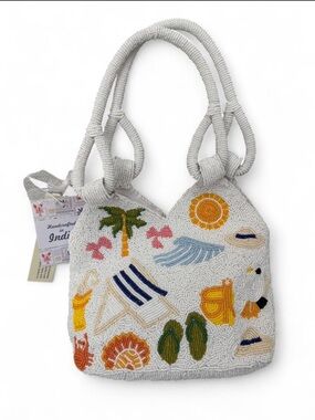 Made in India Coastal Beach Scene and Accessories Beaded Tote Bag